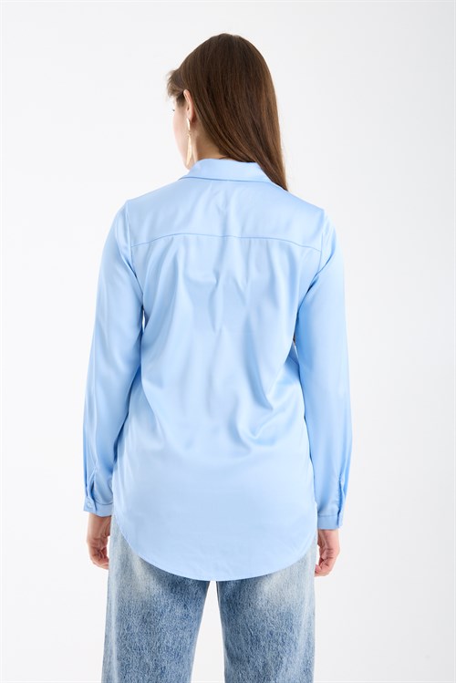 Wholesale Womens Light Blue Satin Long-Sleeve Shirt