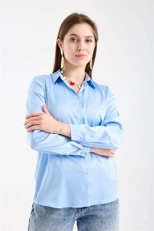 Wholesale Womens Light Blue Satin Long-Sleeve Shirt
