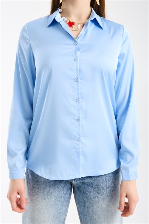Wholesale Womens Light Blue Satin Long-Sleeve Shirt