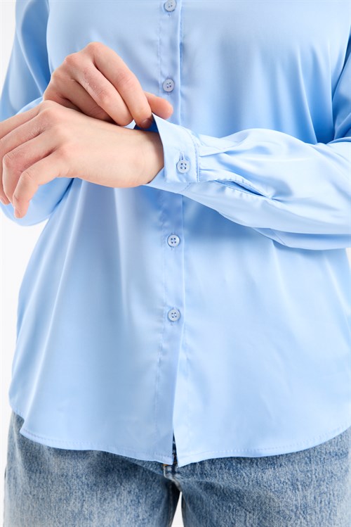 Wholesale Womens Light Blue Satin Long-Sleeve Shirt