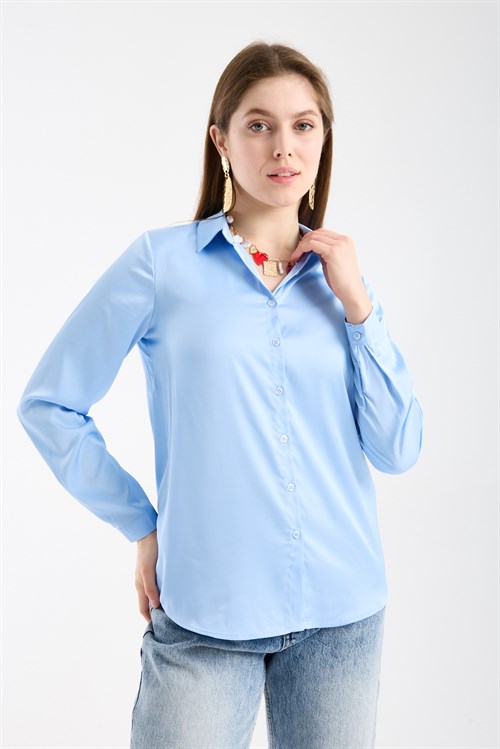 Wholesale Womens Light Blue Satin Long-Sleeve Shirt