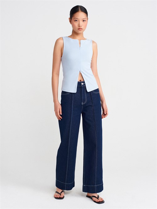 Wholesale Womens Light Blue Sleeveless Top with Two-Way Zipper