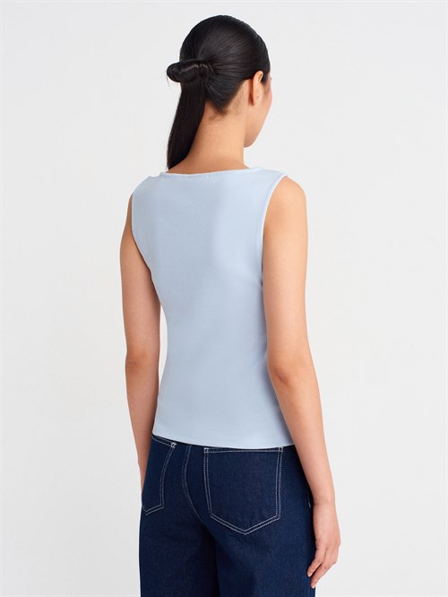 Wholesale Womens Light Blue Sleeveless Top with Two-Way Zipper