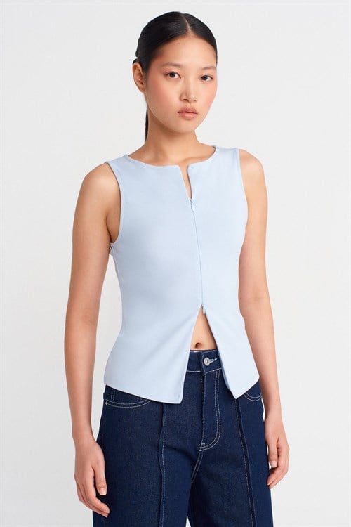 Wholesale Womens Light Blue Sleeveless Top with Two-Way Zipper