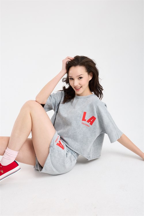 Wholesale Womens Light Gray LA Print Shorts Set