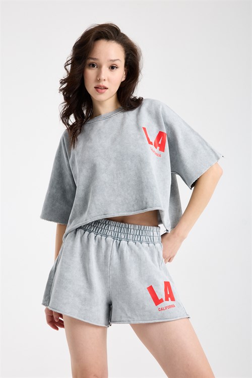 Wholesale Womens Light Gray LA Print Shorts Set