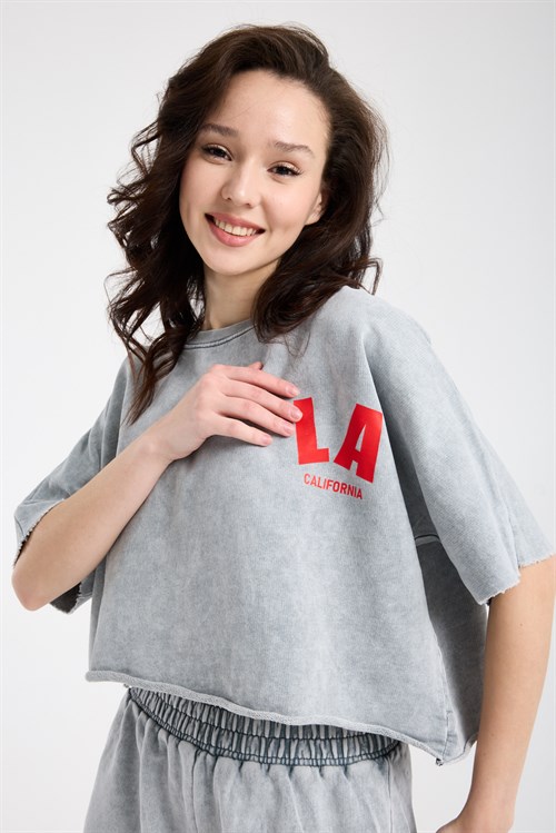 Wholesale Womens Light Gray LA Print Shorts Set