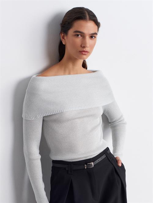 Wholesale Womens Light Gray Lurex Ribbed Knit Sweater with Carmen Collar