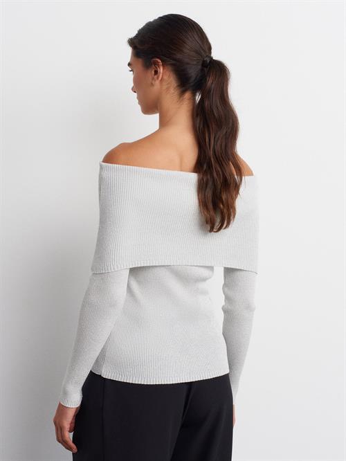 Wholesale Womens Light Gray Lurex Ribbed Knit Sweater with Carmen Collar