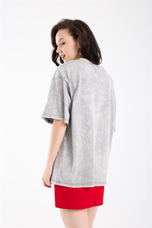Wholesale Womens Light Gray Oversized Printed T-Shirt