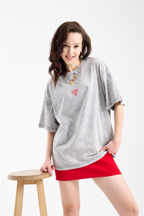 Wholesale Womens Light Gray Oversized Printed T-Shirt