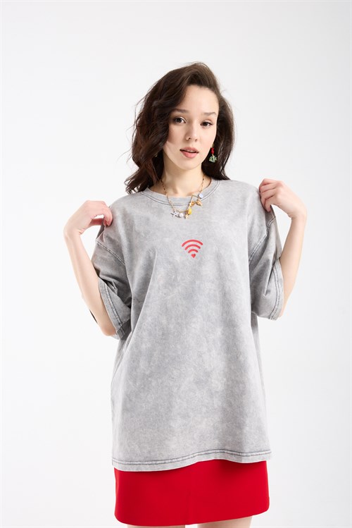 Wholesale Womens Light Gray Oversized Printed T-Shirt