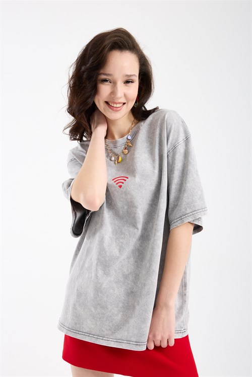 Wholesale Womens Light Gray Oversized Printed T-Shirt