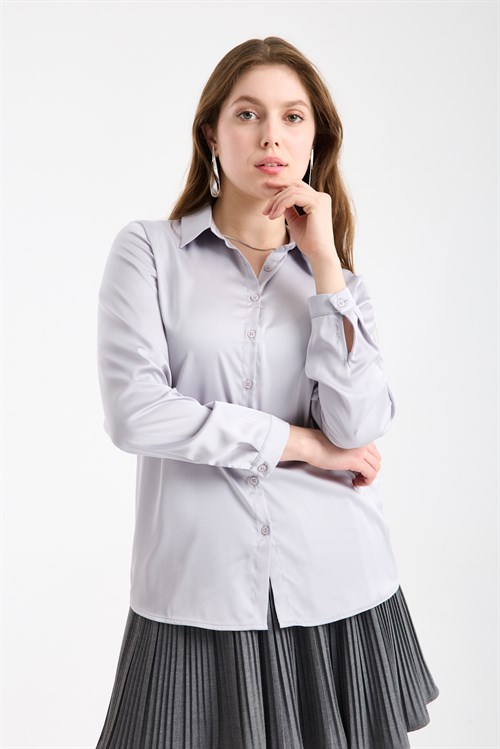 Wholesale Womens Light Gray Satin Long-Sleeve Shirt