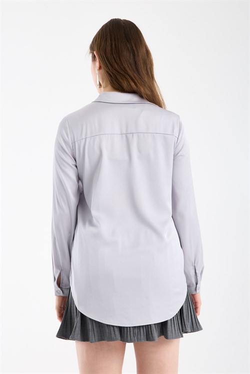Wholesale Womens Light Gray Satin Long-Sleeve Shirt