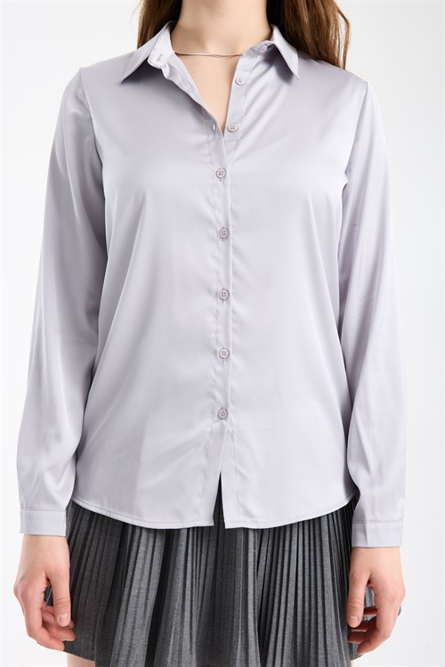 Wholesale Womens Light Gray Satin Long-Sleeve Shirt