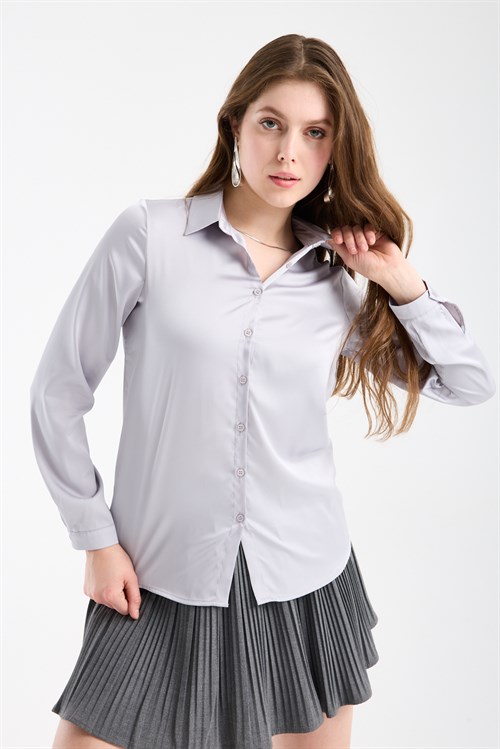 Wholesale Womens Light Gray Satin Long-Sleeve Shirt
