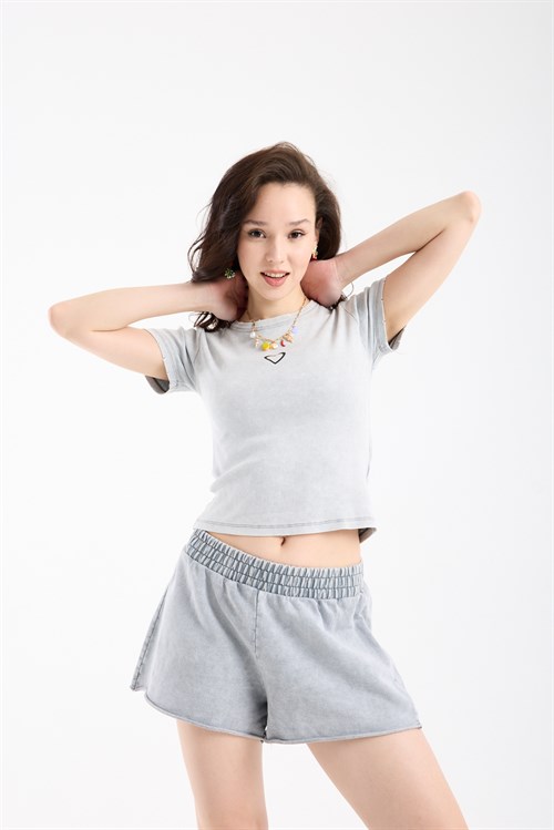 Wholesale Womens Light Gray Short-Sleeve Ribbed T-Shirt