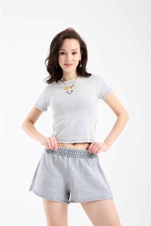 Wholesale Womens Light Gray Short-Sleeve Ribbed T-Shirt
