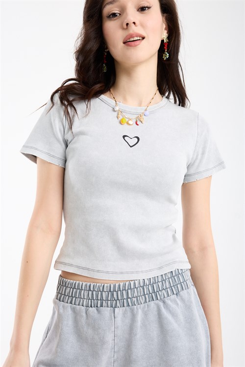 Wholesale Womens Light Gray Short-Sleeve Ribbed T-Shirt