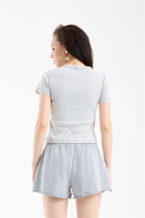 Wholesale Womens Light Gray Short-Sleeve Ribbed T-Shirt