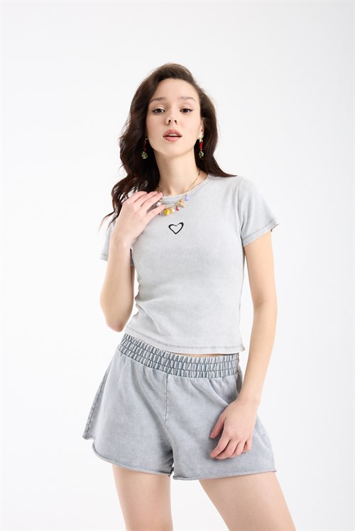 Wholesale Womens Light Gray Short-Sleeve Ribbed T-Shirt