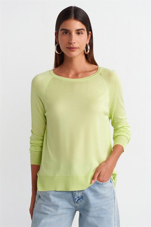 Wholesale Womens Light Green Fine Knit Blouse with Raglan Sleeves and Side Slits