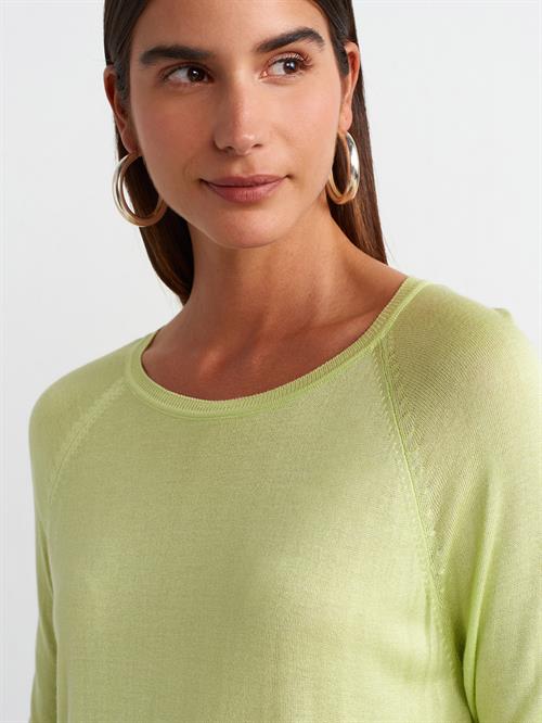 Wholesale Womens Light Green Fine Knit Blouse with Raglan Sleeves and Side Slits