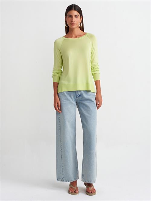 Wholesale Womens Light Green Fine Knit Blouse with Raglan Sleeves and Side Slits