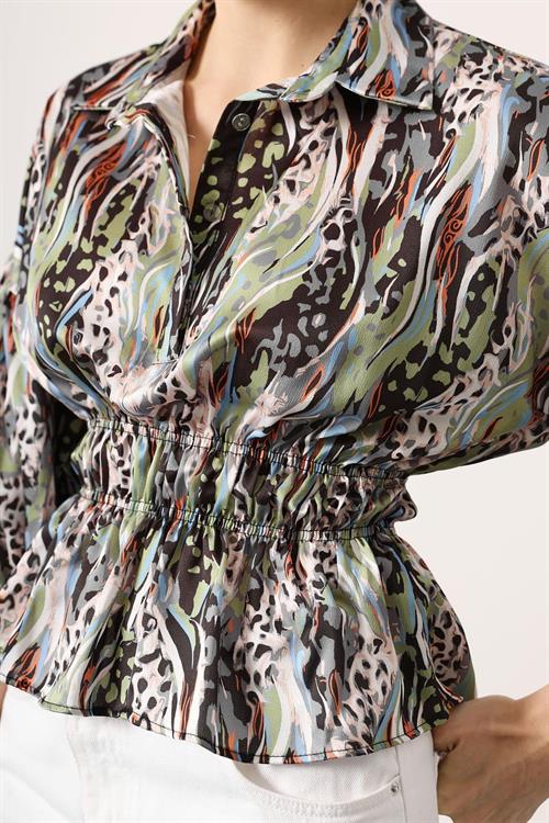 Wholesale Womens Light Green Satin Shirt with Gathered Elastic Waist and Half Placket