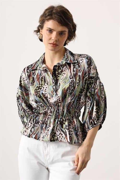 Wholesale Womens Light Green Satin Shirt with Gathered Elastic Waist and Half Placket