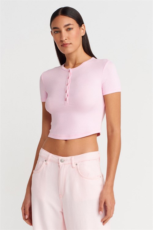 Wholesale Womens Light Pink Crop T-Shirt with Button-Up Half Placket