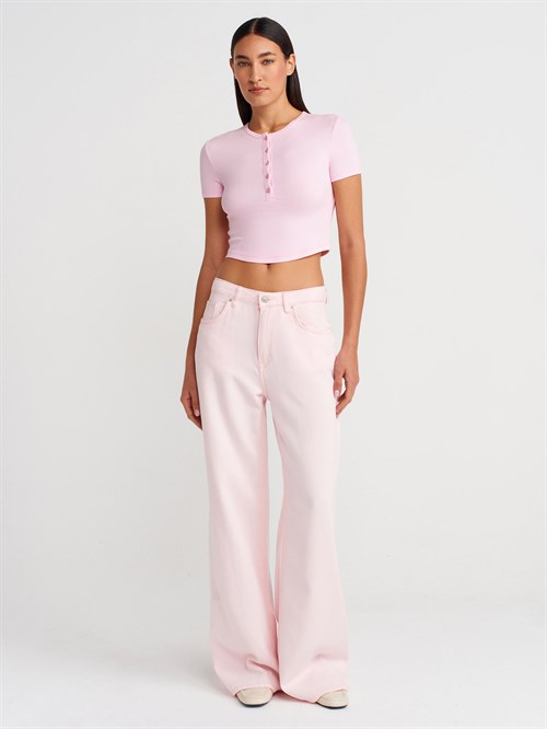 Wholesale Womens Light Pink Crop T-Shirt with Button-Up Half Placket