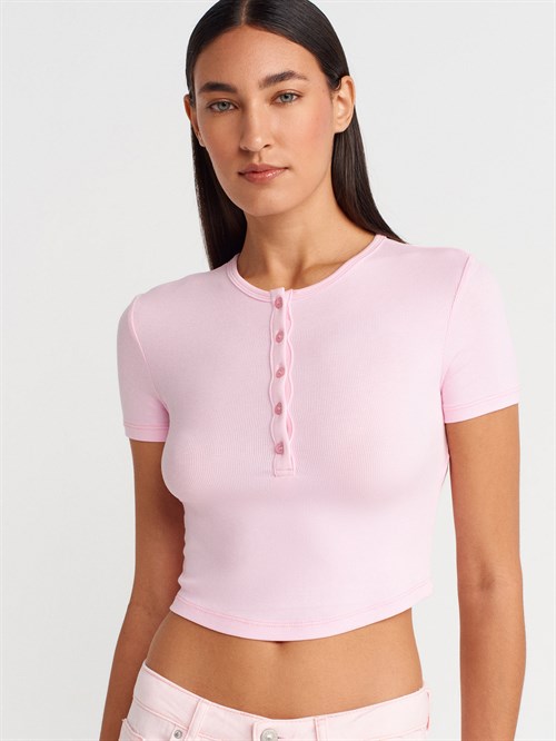 Wholesale Womens Light Pink Crop T-Shirt with Button-Up Half Placket