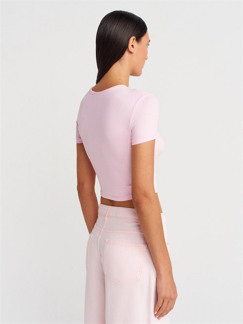 Wholesale Womens Light Pink Crop T-Shirt with Button-Up Half Placket