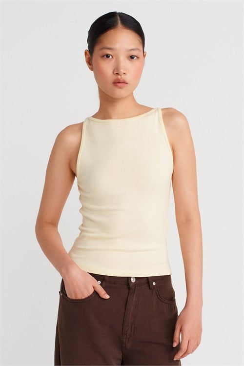 Wholesale Womens Light Yellow Beige Cotton-Modal Sleeveless Top