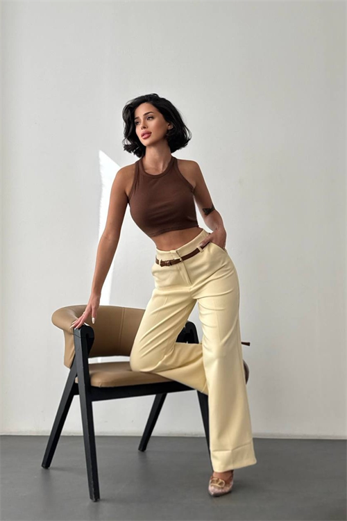 Wholesale Womens Light Yellow High-Waisted Wide-Leg Trousers