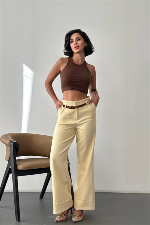 Wholesale Womens Light Yellow High-Waisted Wide-Leg Trousers