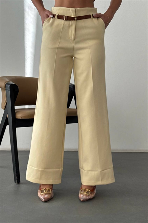 Wholesale Womens Light Yellow High-Waisted Wide-Leg Trousers