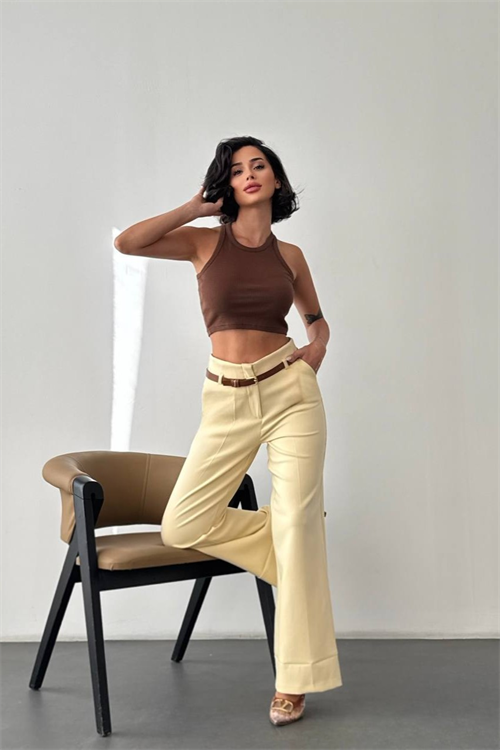 Wholesale Womens Light Yellow High-Waisted Wide-Leg Trousers