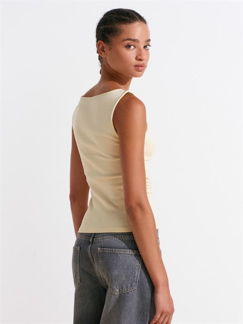 Wholesale Womens Light Yellow Side Gathered Boat-Neck Top