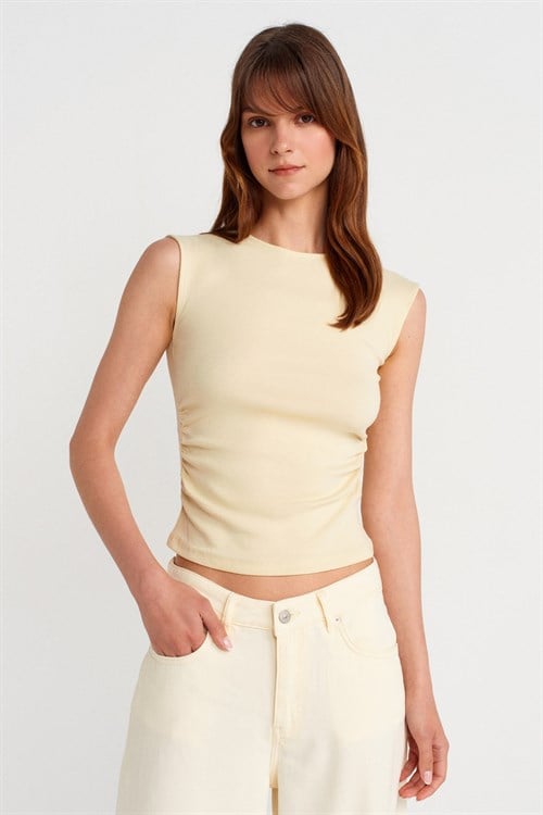 Wholesale Womens Light Yellow Side Gathered T-Shirt