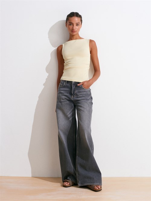 Wholesale Womens Light Yellow Side Gathered Boat-Neck Top