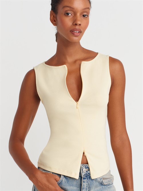 Wholesale Womens Light Yellow Sleeveless Top with Two-Way Zipper