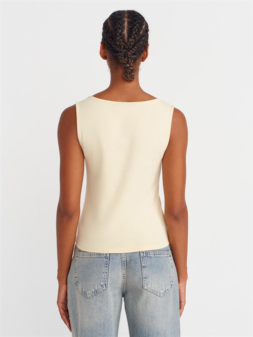 Wholesale Womens Light Yellow Sleeveless Top with Two-Way Zipper