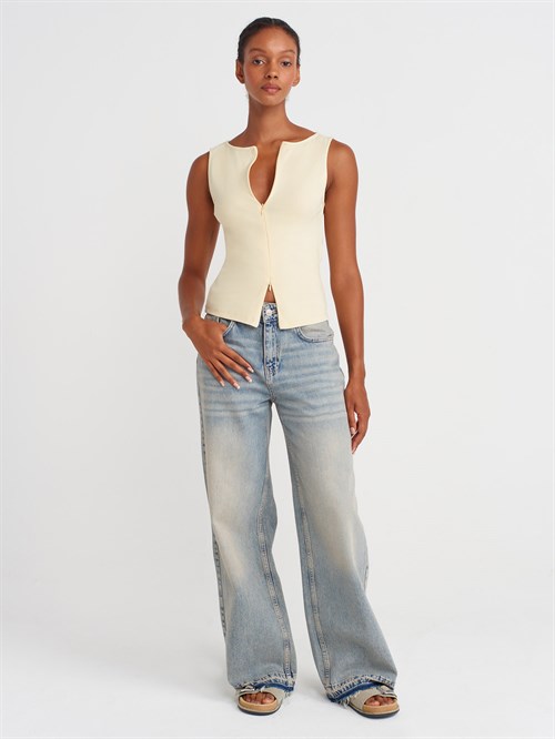 Wholesale Womens Light Yellow Sleeveless Top with Two-Way Zipper