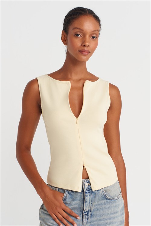 Wholesale Womens Light Yellow Sleeveless Top with Two-Way Zipper