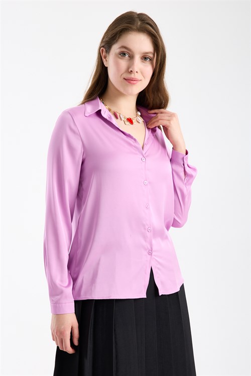 Wholesale Womens Lilac Satin Long-Sleeve Shirt