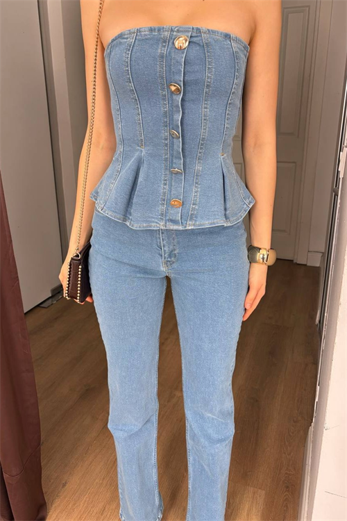 Wholesale Womens Mid Blue Strapless Denim Suit with Gold Buttons