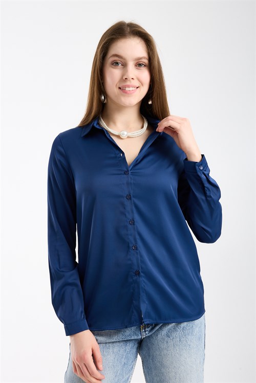 Wholesale Womens Midnight Blue Satin Long-Sleeve Shirt
